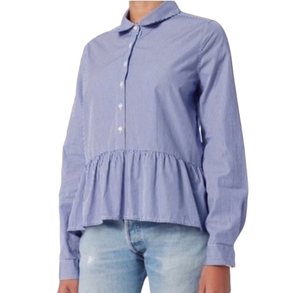 Trovata Birds of Paradis Blue White Stripe The Chrissy Peplum Shirt Small